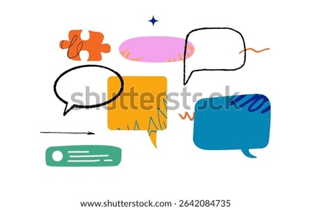 Various colorful speech bubbles in different shapes, an abstract puzzle piece, doodles, and a green text box with lines. A dynamic and communicative composition.