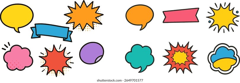Various colorful speech bubbles and graphic elements are arranged in a playful layout, ideal for enhancing dialogue and presentations in creative projects.