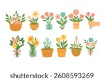 Various colorful spring flowers in pots, vases, bouquets, and baskets. Cute flat seasonal illustration.