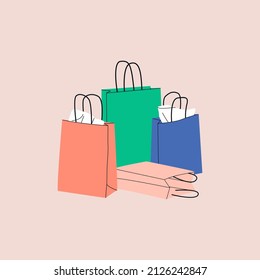 Diversos papeles coloridos de pila Comprando o bolsas de regalo con varios papeles artesanales. Sacos de caricatura para compras, regalos. Ilustración vectorial plana de color dibujada a mano. Compra, concepto de venta