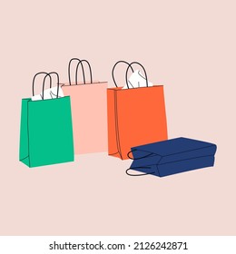 Diversos papeles coloridos de pila Comprando o bolsas de regalo con varios papeles artesanales. Sacos de caricatura para compras, regalos. Ilustración vectorial plana de color dibujada a mano. Compra, concepto de venta