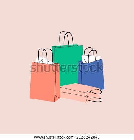 Various Colorful stack paper Shopping or gift bags with various craft paper. Cartoon sacks for purchases, presents. Hand drawn colored flat vector illustration. Shopping, sale concept