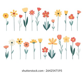 Various colorful stylized floral elements create a cheerful, whimsical design.