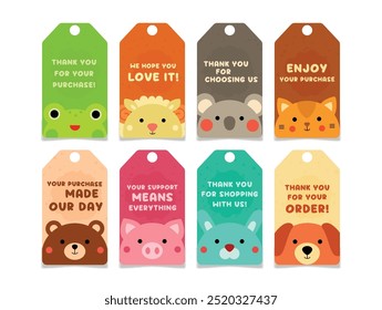 Various colorful tags featuring adorable animal illustrations express gratitude towards customers. Each tag conveys a different heartfelt message, perfect for enhancing shopping experiences.