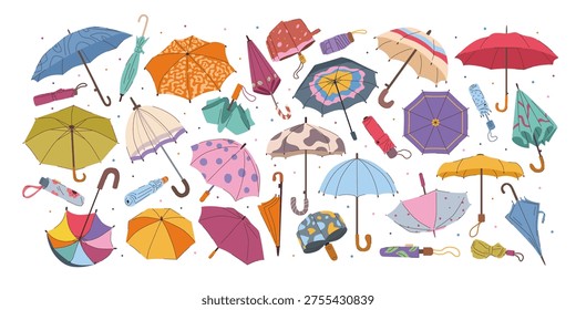 Various colorful umbrella set in flat style on white background, symbolizing weather protection diversity. Vector illustration