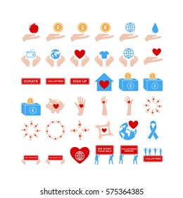 Various colorful vector icon set of charity on white background