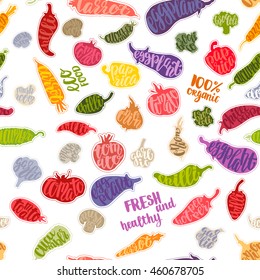 Various colorful vegetables with handwritten brush lettering. Seamless pattern on withe background. Decorative flat vector illustration.