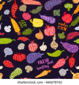 Various colorful vegetables with handwritten brush lettering. Seamless pattern on chalkboard background. Decorative flat vector illustration.