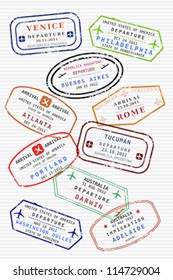 Various colorful visa stamps (not real) on a passport page. International business travel concept. Frequent flyer visas.