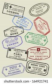 Various colorful visa stamps (not real passport stamps) on a page. International business travel concept. Frequent flyer visas.