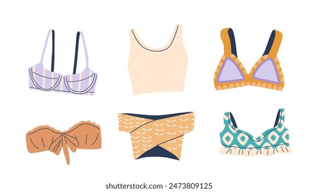 Various Colorful Women Swimsuit Tops Showcasing Unique Designs And Patterns. Collection Perfect For Summer Beachwear