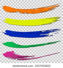 In various colors, arranged horizontally on a transparent background. Each stroke has a textured look with rough edges, a unique curvature and thickness, creating a sense of motion and fluidity.