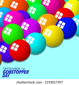 Diversos colores de caramelos duros redondos conocidos como gobstopper o rompeolas con texto en negrita sobre fondo azul claro al Día del Gobstopper el 14 de setiembre