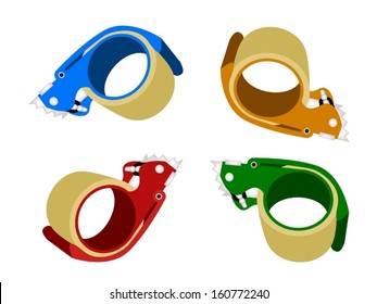 Various Colors of Packing Tape Dispenser or Adhesive Tape Dispenser Isolated on White Background. 