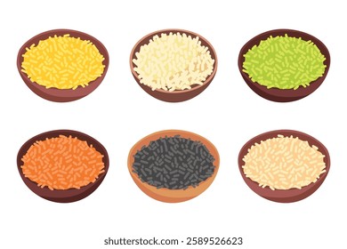 Various colors of rice in a bowl and plate, different types of rice varieties, coloured rice varieties vector illustration, rice bowl clip art