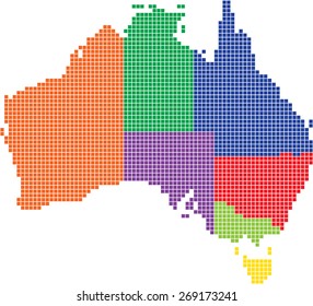 Various colors square Australia map, colored by region. Vector illustration.