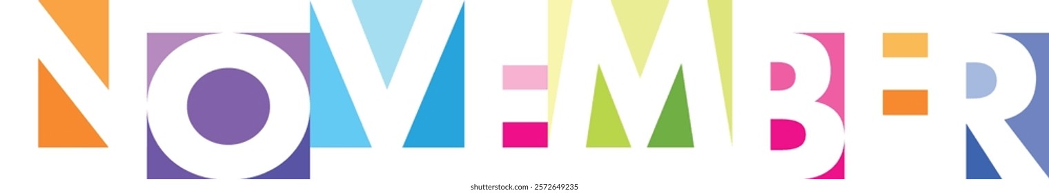 various colors square shape with word NOVEMBER white color, isolated on white background.