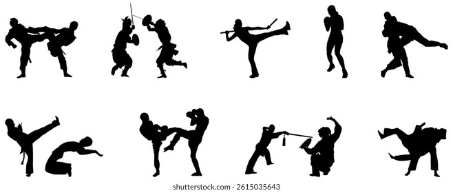 Various combact sport vector silhouette set.