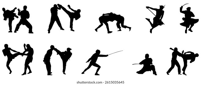 Various combact sport vector silhouette set.