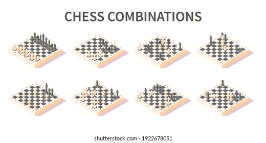 Various combinations of pieces on chess board isometric 3d set on white background isolated vector illustration