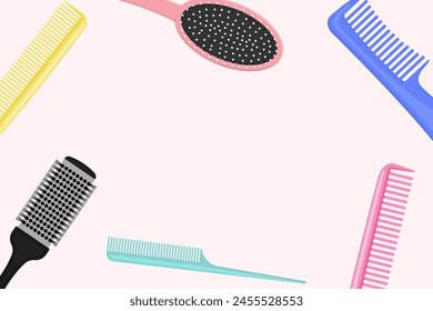 Verschiedene Kämme Friseur Vektorgrafik Hintergrund. Haarpflege, Kämmen, Styling-Konzept.	