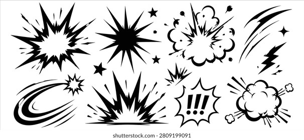 Various comic action bursts and explosive sound effect graphics with explosion lightning illustration background velocity