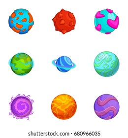 Various comic planets icons set. Cartoon set of 9 various comic planets vector icons for web isolated on white background