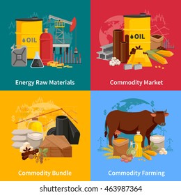 Various commodities flat 2x2 design concept with farming products and materials of industrial processing vector illustration 