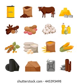 Diversos productos básicos íconos planos establecidos con productos alimenticios y materiales en ilustraciones vectoriales aisladas de fondo blanco