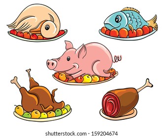 Various common meat products, isolated on white