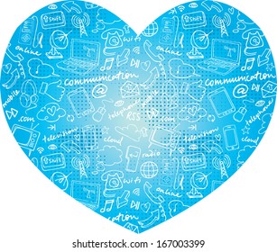 Various communication internet and web icons in heart shape