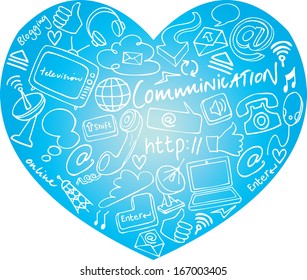 Various communication internet and web icons in heart shape