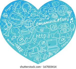 Various communication internet and web icons in heart shape