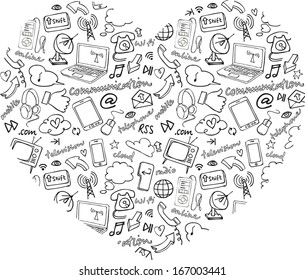 Various communication internet and web icons in heart shape