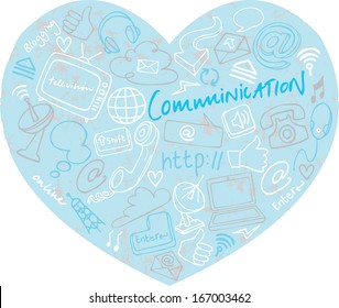 Various communication internet and web icons in heart shape