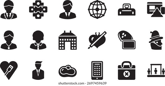 Various community icons include a business people, building, puzzle, earth, luggage, heart and other community and business symbols on a white background.