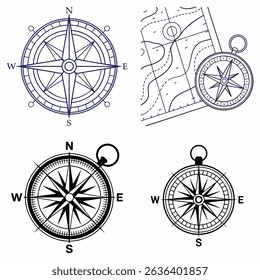 Various compass rose designs and map elements in vector graphics for navigation concepts