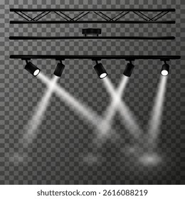 Various components of professional stage or studio equipment on transparent background. Triangular metal truss and horizontal rail lighting system with five spotlights. Vector illustration Eps10.