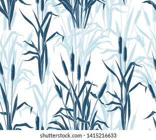 
Various compositions of bulrushes on a white background. Hand drawn monochrome seamless pattern. Vector vintage illustration of reeds.