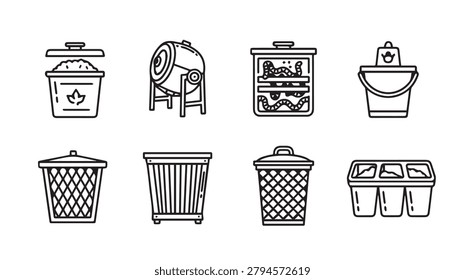 Various composting systems and vermiculture setups depicted with simple outlines. Useful for sustainable waste management promotion.
