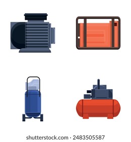 Various compressor icons set cartoon vector. Different type of air compressor. Industrial equipment