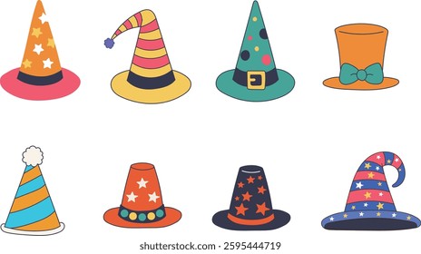 Various cone hat icons. minimal line art vector illustration.