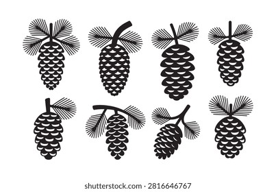 Various conifer seed pod icons. Elegant botanical outlines for woodsy invitations. Professional forest plant vectors.
