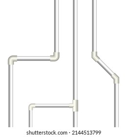 Various connections of plastic pipes. Front view, 3D vector illustration.