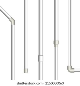 Various connections of plastic pipes. Front view, 3D vector illustration.