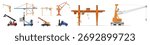Various construction cranes illustration: mobile, tower, gantry, and telescopic designs.