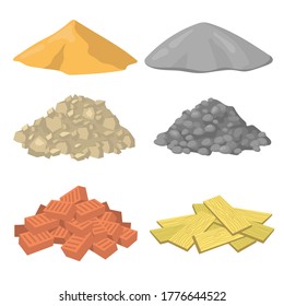 Various construction material piles flat icon set. Crushed stones, gypsum, sand, bricks and wooden planks vector illustration collection. Masonry and building concept