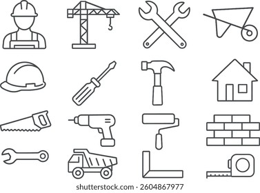 Various construction tools and equipment are displayed in a grid format, showcasing items like a hard hat, hammer, and drill, all essential for building work. - Powered by Shutterstock - Get 15% off with code: PIKWIZARD15