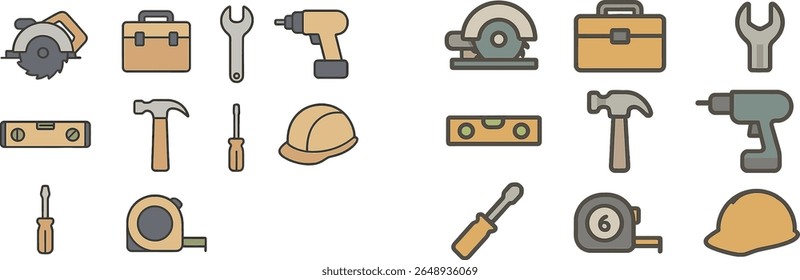 Various construction tools including drills, hammers, wrenches, and safety gear are neatly arranged, showcasing essential items for repairs and building projects.