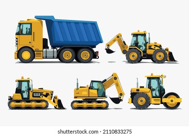 various construction vehicles side view in set